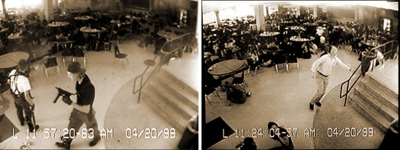 Security footage from Columbine High School showing Eric Harris and Dyland Klebold.