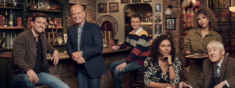 The cast from the "Fraiser" series update sitting in a bar