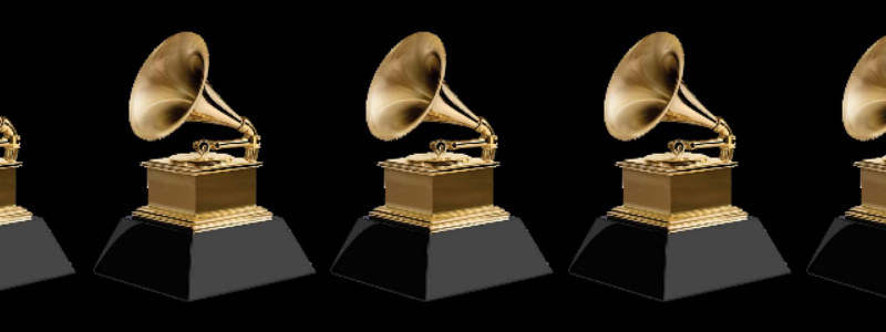 A row of Grammy Awards