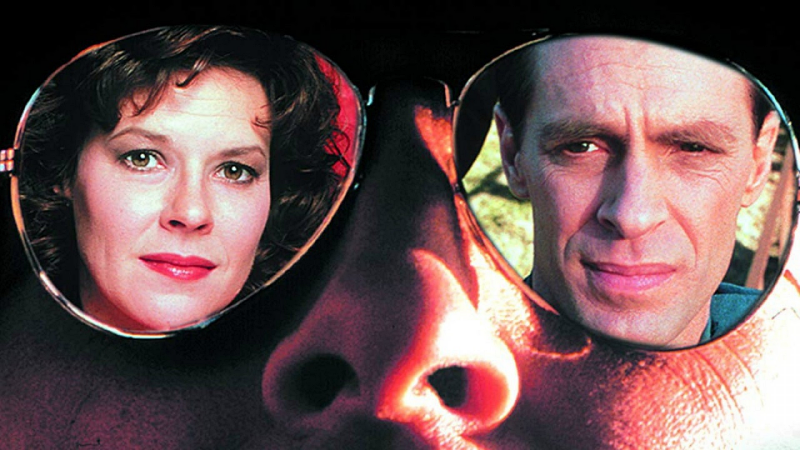 Keith Carradine and JoBeth Williams faces shown in a pair of glasses for the made-for-TV movie "Murder Ordained"
