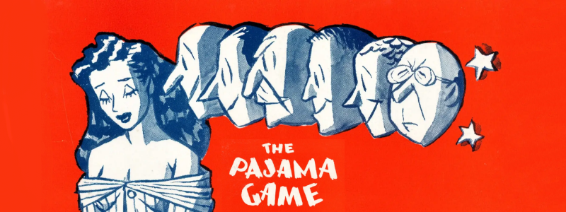 Images from The Pajama Game stage production. (A woman looking down with a row of men's faces looking at her)