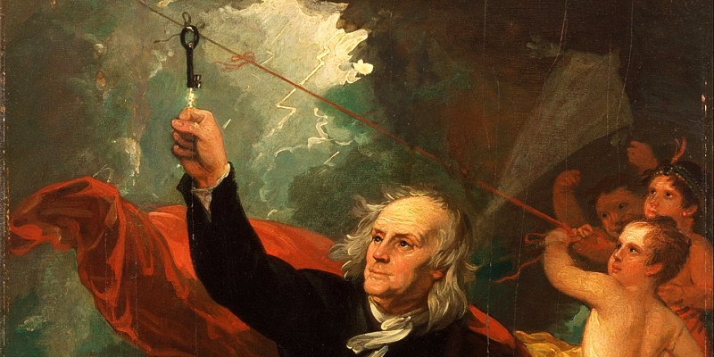 Benjamin Franklin flying a kite