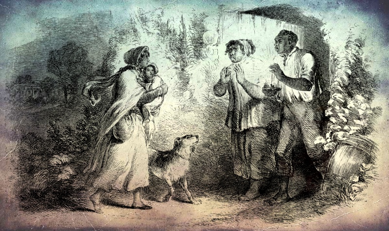 Illustration from the first edition of "Uncle Tom's Cabin". A woman is holding a baby talking to a couple outside of their home.