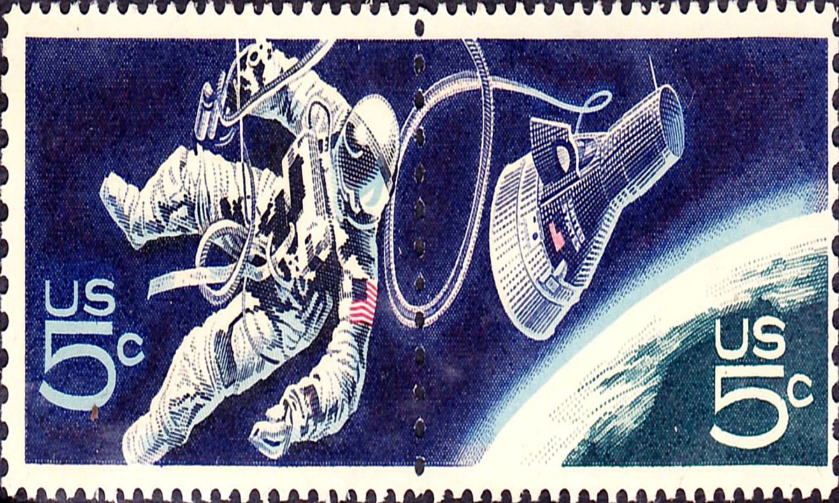 Postage stamp illustration about the first space walk