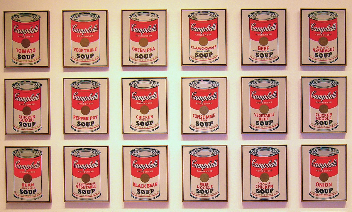 A bunch of paintings of Campbell's Soup cans by Andy Warhol