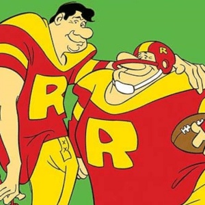 Cartoon image of two football players - one with his arm around the other.