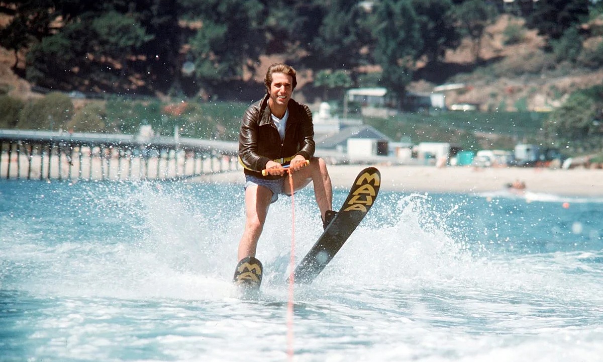 Fonzie waterskiing with a leather jacket