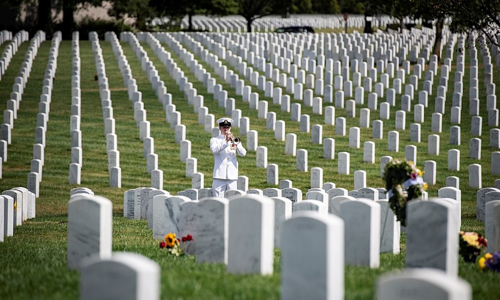 Rows of gravestones with a Navy trumpet playing in the middle of them
