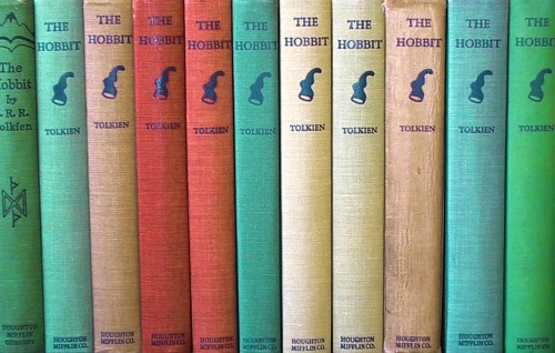 A shelf of "The Hobbit" books