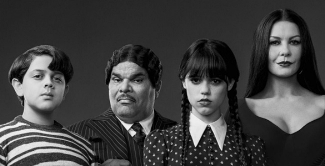 Isaac Ordonez, Luis Guzmán, Jenna Ortega and Catherine Zeta-Jones from the TV series "Wednesday"