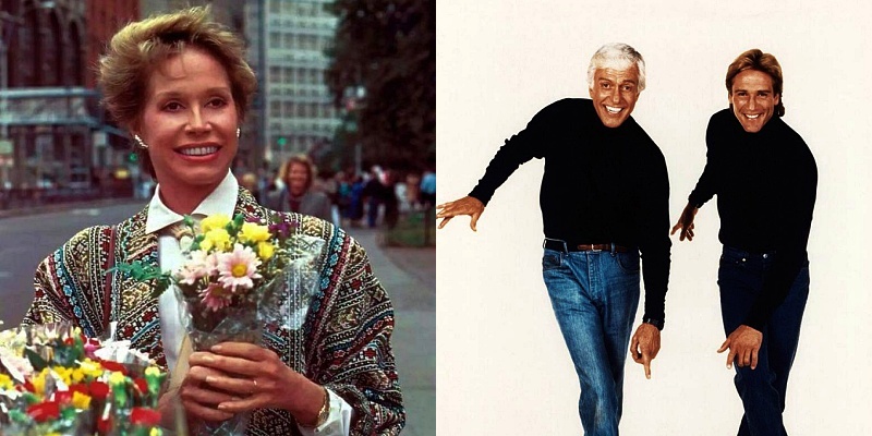 Mary Tyler Moore holding flowers and Dick Van Dyke and Barry Van Dyke dancing