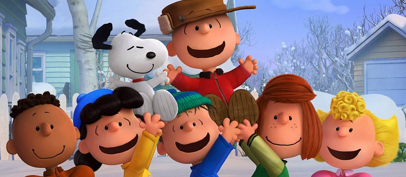 The Peanuts gang lift up Charlie Brown and Snoopy