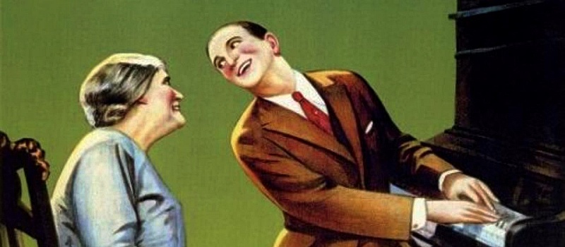 A piano player plays for his mother joyfully.