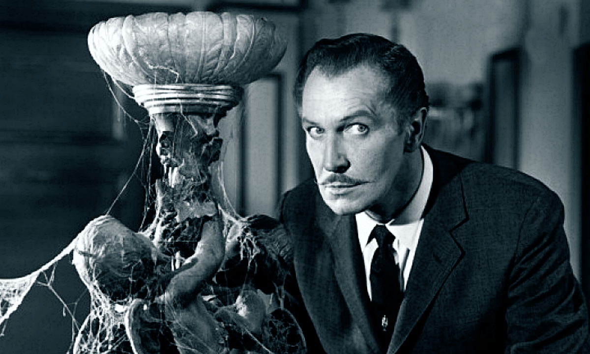 Vincent Price stares to the right with a creepy background