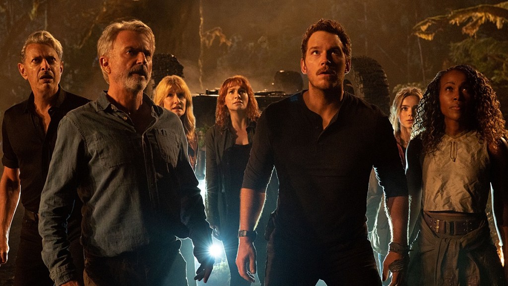 A group of people looking up from the movie Jurassic World Dominion