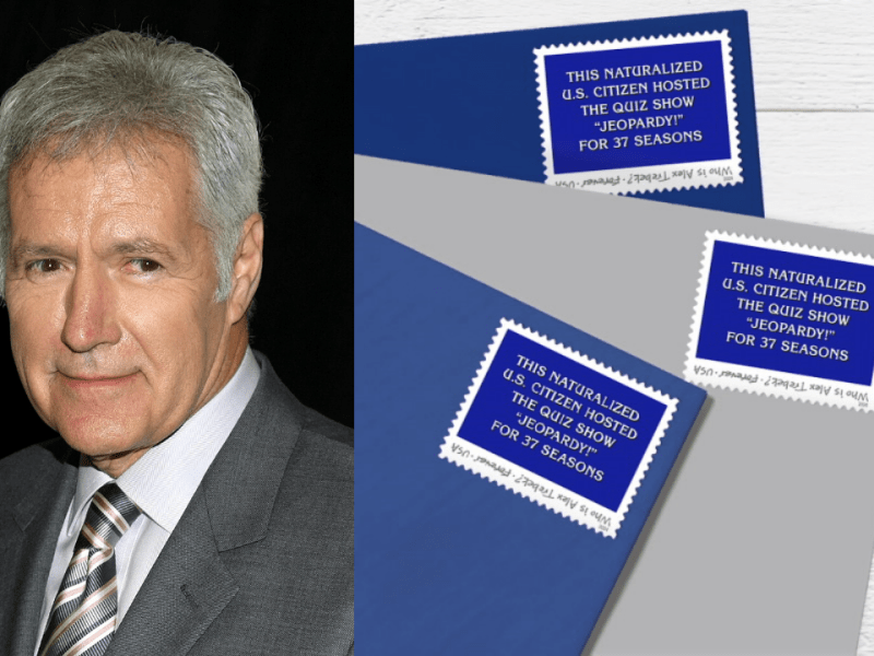 First U.S. Postage Stamps: Benjamin Franklin, George Washington, and Alex&nbsp;Trebek