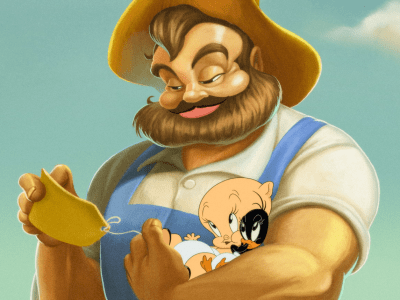 A big "Farmer Jim" is holding infant Porky Pig and infant Daffy Duck