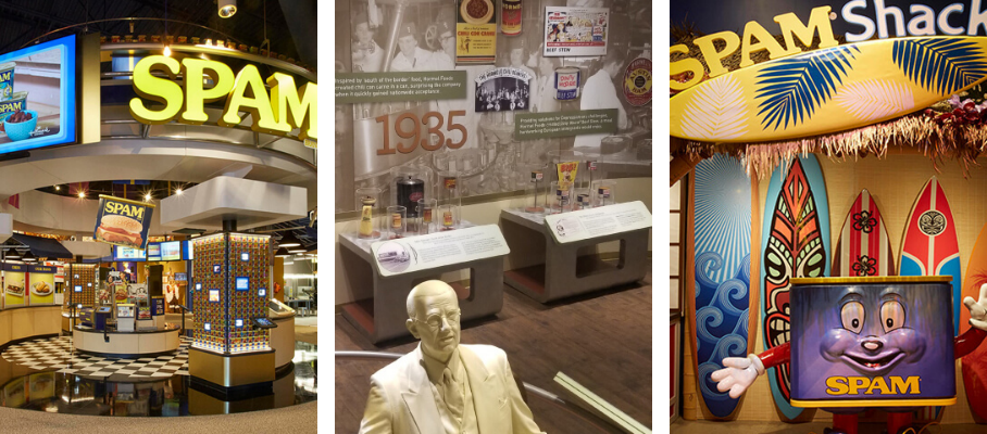 Three areas within the Spam Museum.