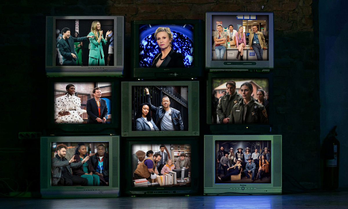 Nine TVs showing different TV shows.