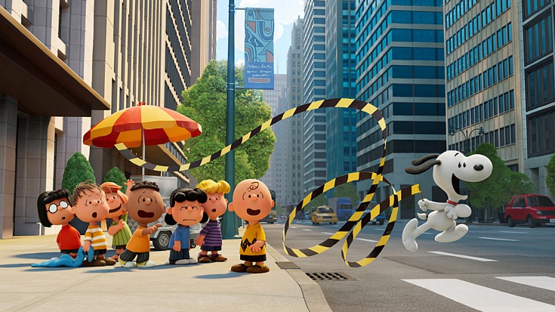 The Peanuts gang in the city trying to control Snoopy who is running around with a caution-tape streamer