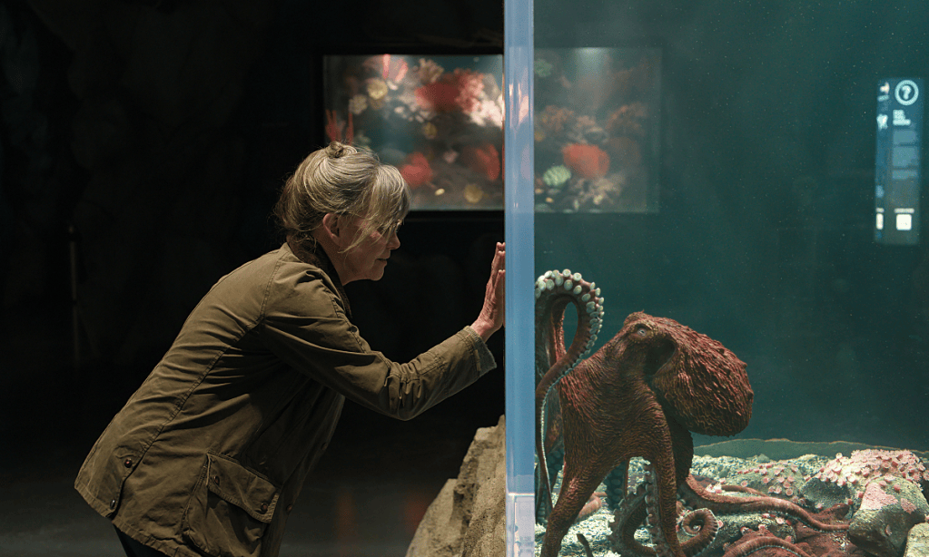 An older woman puts her hand on an aquarium tank and an octopus does the same - "Remarkably Bright Creatures" movie