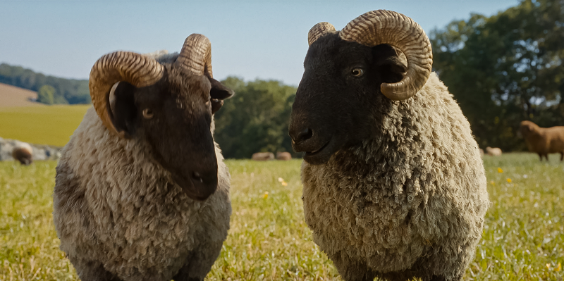 Two sheep look at each other in "The Sheep Detectives"