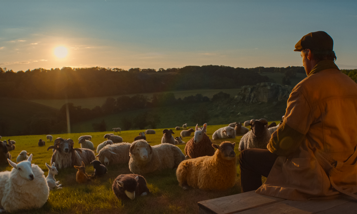 A shepherd sits in front of his flock of sheep - The Sheep Detectives