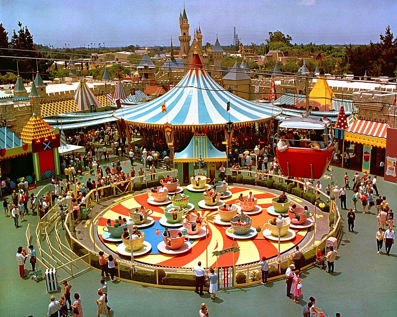 Early days in Fantasyland in Disneyland featuring the Mad Tea Party ride