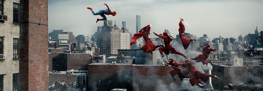 Spider-Man and a group of ninjas battle in the air