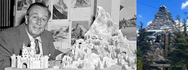 Walt Disney and a model of the Disneyland Matterhorn and the finished ride next to it.