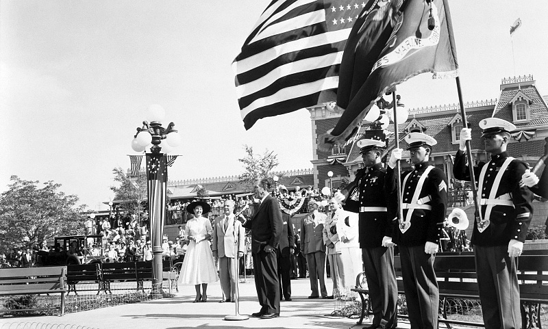 Walt Disney giving his speech on opening day at Disneyland