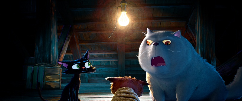 One cat in under interrogation between two other cats in the animated film "Gatto"